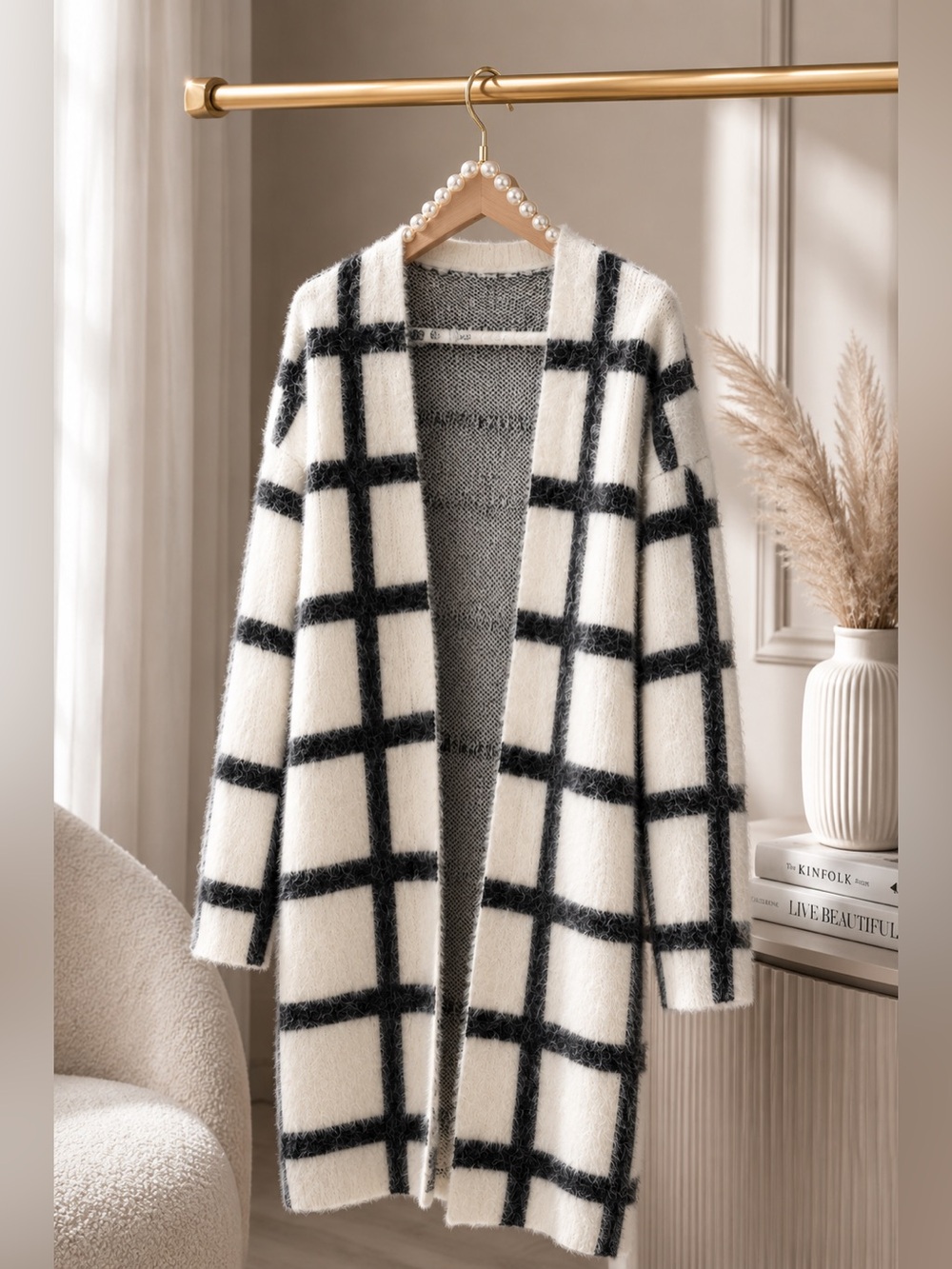 Plaid Open-Front Sweater Cardigan